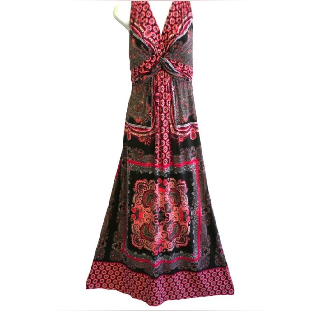 Soma Maxi Dress, black fuchsia paisley/floral prints, twist bodice, XS